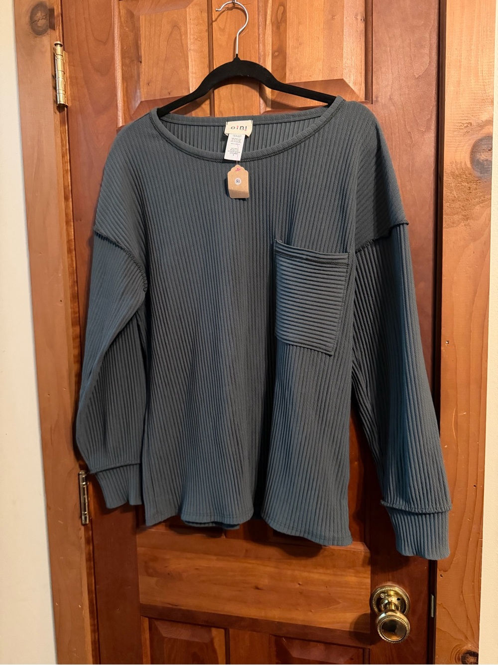 BiBi Relaxed Ribbed Pocket Sweater - Dark Green